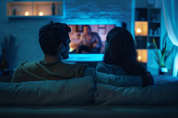 Naklejka premium Generated with ai image of a beautiful loving relaxed couple watching tv at home together