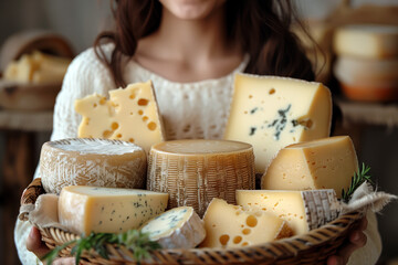 Girl in cheese shop holds different types of cheese in basket. Close-up. Concept of advertising cheese factory, small business, cheese shop, healthy eating, farming.