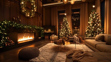 Modern living room with a chic Christmas tree, elegant lights and decorations, fireplace crackling, stylish holiday setting