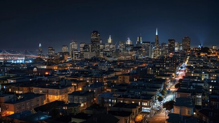 Fototapeta premium Panoramic view, modern city skyline at night from rooftop, skyscrapers illuminated, isolated background, studio lighting