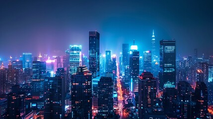 Obraz premium Panoramic view, modern city skyline at night from rooftop, skyscrapers illuminated, isolated background, studio lighting