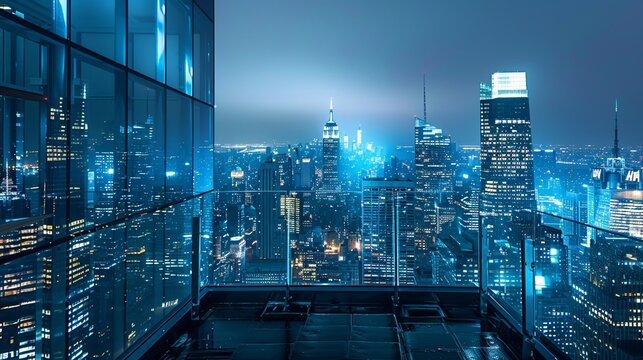 Panoramic view, modern city skyline at night from rooftop, skyscrapers illuminated, isolated background, studio lighting