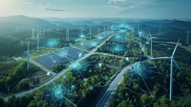 Renewable energy integration in a smart grid, solar panels, wind turbines, seamless technology