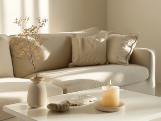 Candlelight Serenity: Product Photography Featuring a Candle on a Cream Living Room Coffee Table