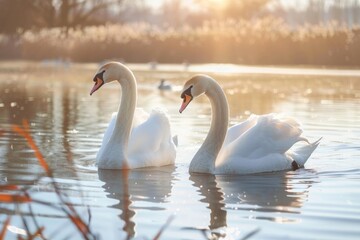 Fototapeta premium Serene Scene of Two Graceful Swans Gliding Across Sunlit Lake Water, Capturing the Essence of Natural Elegance