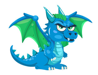 Cartoon illustration of fictional character a blue dragon with green wings