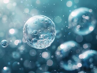 Detailed Miniatures of Floating Bubbles in Light Silver and Blue with High-Key Lighting