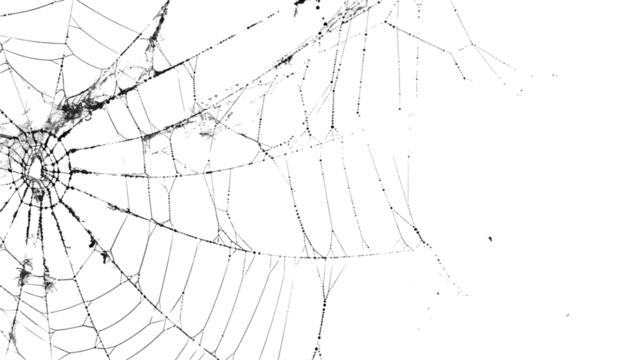 A detailed spiders web intricately woven against a plain white background, showcasing its delicate patterns