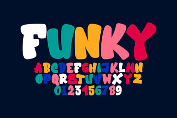 Vector of modern comical font and alphabet. Playful style font design, colorful childish alphabet, letters and numbers vector illustration