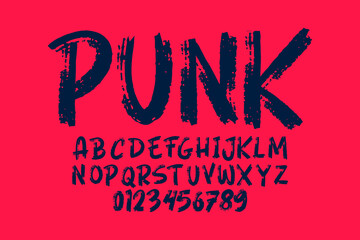 Grunge Horror Font. Hand Made Brush Typeface. Vector Stock Illustration. Brush stroke Alphabet. Typography for scary headlines and horror movie scenarios.