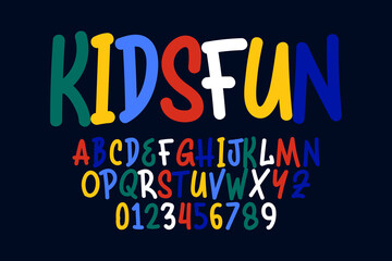 Vector of modern comical font and alphabet. Playful style font design, colorful childish alphabet, letters and numbers vector illustration