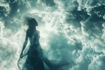 Fototapeta premium Woman in clouds with angels made with generative AI