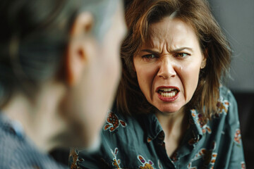 AI generative technology create photography of angry wife shouting with husband - Powered by Adobe