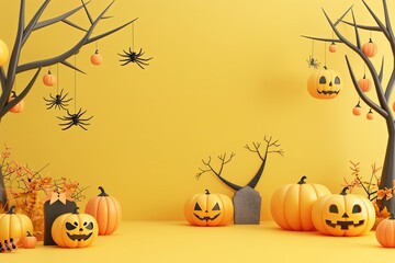 Spooky Halloween 3D render featuring pumpkins, trees, and tombstones against a vibrant yellow backdrop.