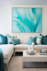 A contemporary living area highlighted by a splash of turquoise amidst neutral tones, boasting simplicity with a blank white frame as the centerpiece.