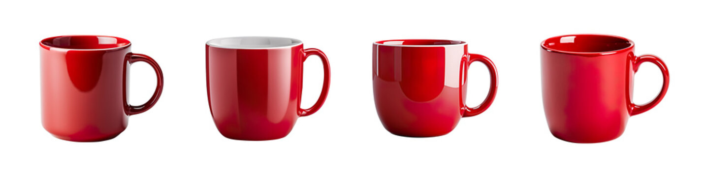 Collection set of red coffee mugs isolated on transparent background