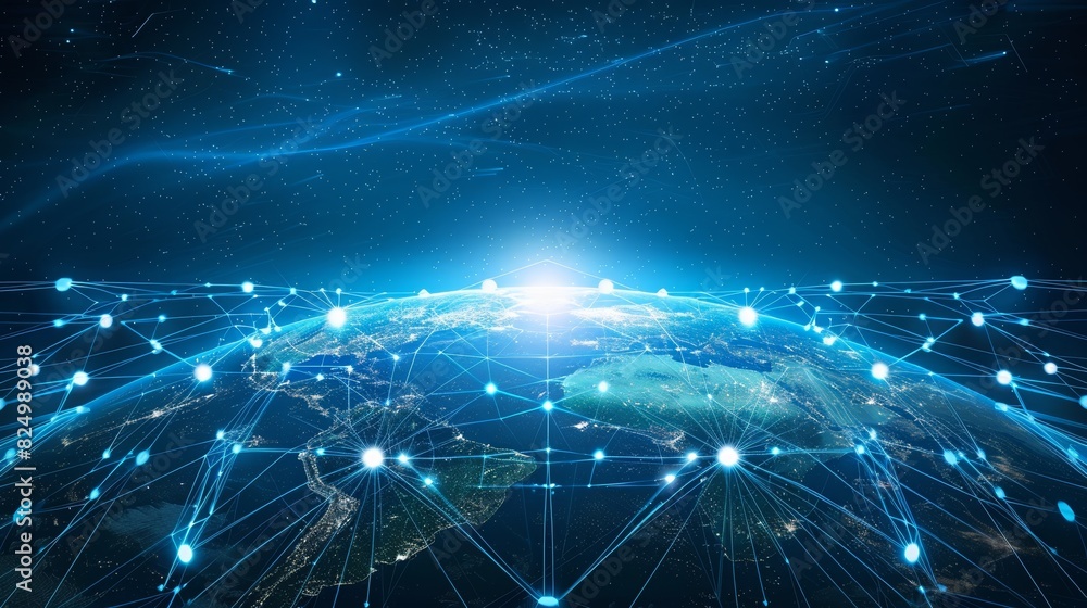 Aufkleber a blue and white image of the earth with a network of lines connecting it. concept of interconnected