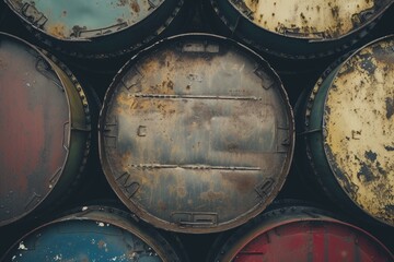 Close-up of aged, colorful oil drums stacked, showcasing a variety of textures