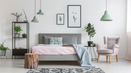 Fototapeta premium Minimalist bedroom with pastel pink, blue, and grey colors, featuring a gray bed in the center, a wooden log side table, and an empty poster above the headboard.