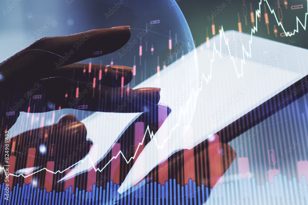 Poster multi exposure of abstract creative financial graph with world map and finger presses on a digital t