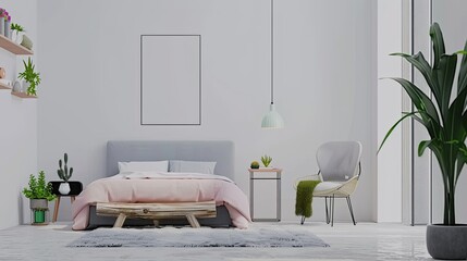Minimalist bedroom with pastel pink, blue, and grey colors, featuring a gray bed in the center, a...