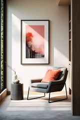 A contemporary living room with a coral-colored accent chair, a low-profile table, and a blank white frame on the wall