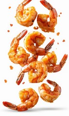 fried shrimps floating in the air, isolated on white background. vertical ratio.