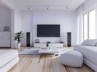 A white modern living room with a large flatscreen TV on the wall and an audio system cabinet placed next to it