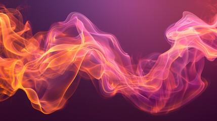 Flowing light smoke in hues of orange and pink, creating an abstract scene on a dark purple...