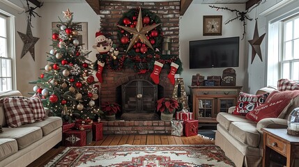 Vintage Christmas tree decorated with classic red balls, tin stars, and nostalgic ornaments, evoking a sense of warmth and tradition