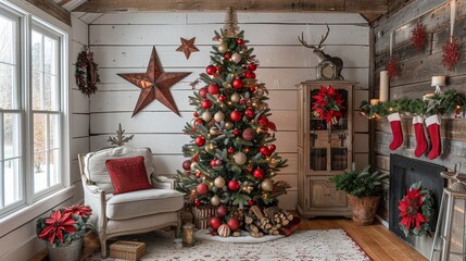 Vintage Christmas tree decorated with classic red balls, tin stars, and nostalgic ornaments, evoking a sense of warmth and tradition