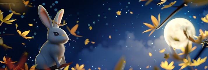 Mid Autumn festival 3d illustration. rabbits in night sky 