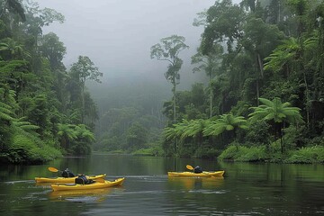 Two Kayakers Paddling Through River Surrounded by Trees