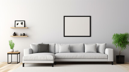 A contemporary living room with light gray walls, a sleek black sectional sofa, and a blank white frame mockup placed on a floating shelf.