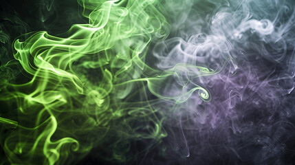 Flowing smoke in hues of green and lavender, creating a subtle, abstract pattern on a charcoal...