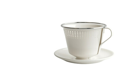 A white cup and saucer placed on a saucer in a simple setting
