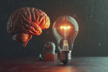 Human brain and electric lightbulb. 3D illustration. 3D rendering., generative AI