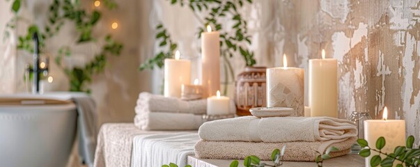 Serene spa-like bathroom with candles, towels, and natural elements