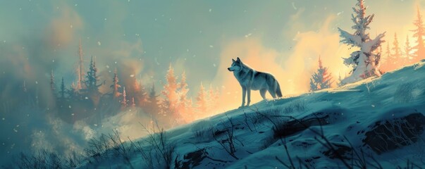 A wolf is standing on a snowy hill in a forest. The sky is cloudy and the trees are bare
