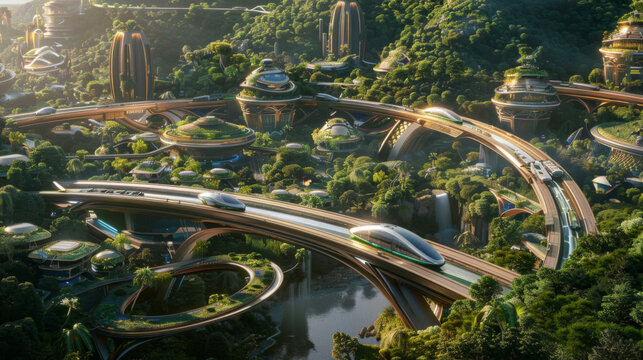 A stunning CG 3D aerial view of a futuristic transportation network