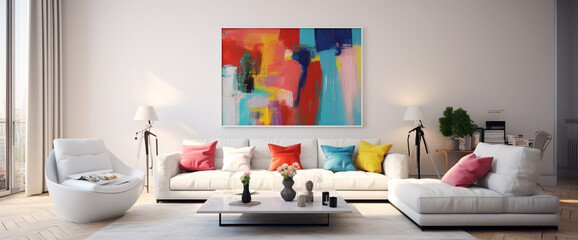 A contemporary living space with bright accents, simplistic decor, and a blank white frame enhancing the modern aesthetic.