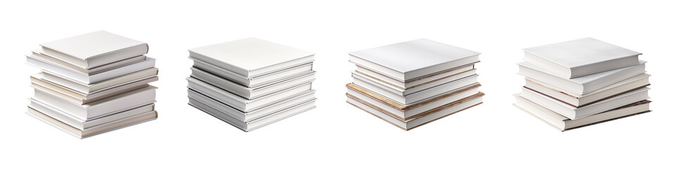 Collection set of stack of white books isolated on transparent background