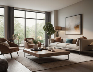 3D render of a modern living room interior, emphasizing comfort and style. Incorporate sleek furniture, a neutral color palette with pops of color, ambient lighting, tasteful décor