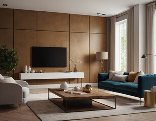 Fototapeta premium 3D render of a modern living room interior, emphasizing comfort and style. Incorporate sleek furniture, a neutral color palette with pops of color, ambient lighting, tasteful décor