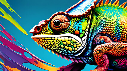 Rainbow Colour Chameleon closeup at paint splash background ,Chameleon Sitting ,nature ,reptile...
