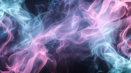 Intricate patterns of light smoke in pastel colors of pink and blue, softly illuminated on a black...