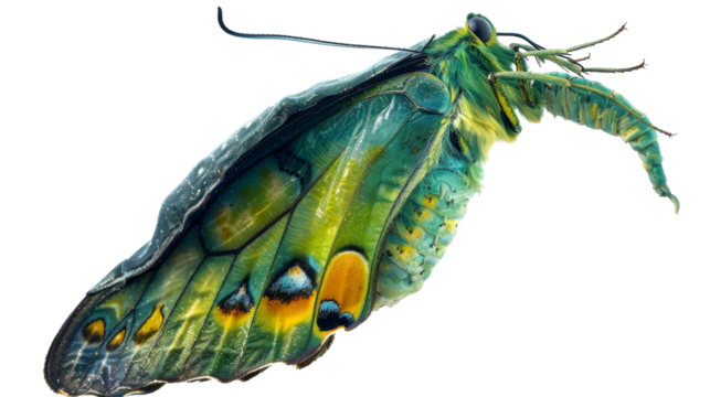 The close-up view of a green and yellow butterfly showing intricate wing patterns and vibrant colors