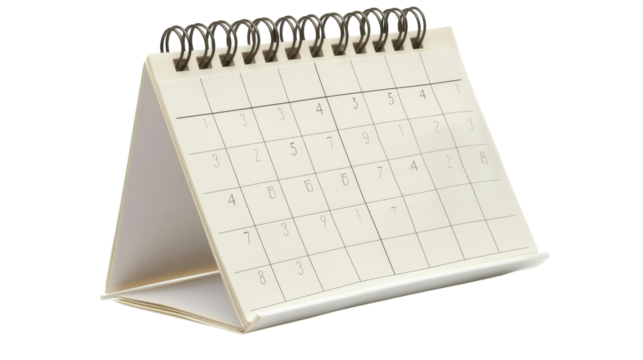 A white desk calendar featuring spirals on its pages, sitting on a desk