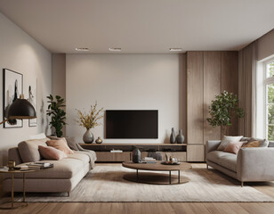 3D render of a modern living room interior, emphasizing comfort and style. Incorporate sleek furniture, a neutral color palette with pops of color, ambient lighting, tasteful décor