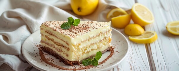 lemon tiramisu cake, summer dessert on a white ceramic plate on a white wooden background, banner